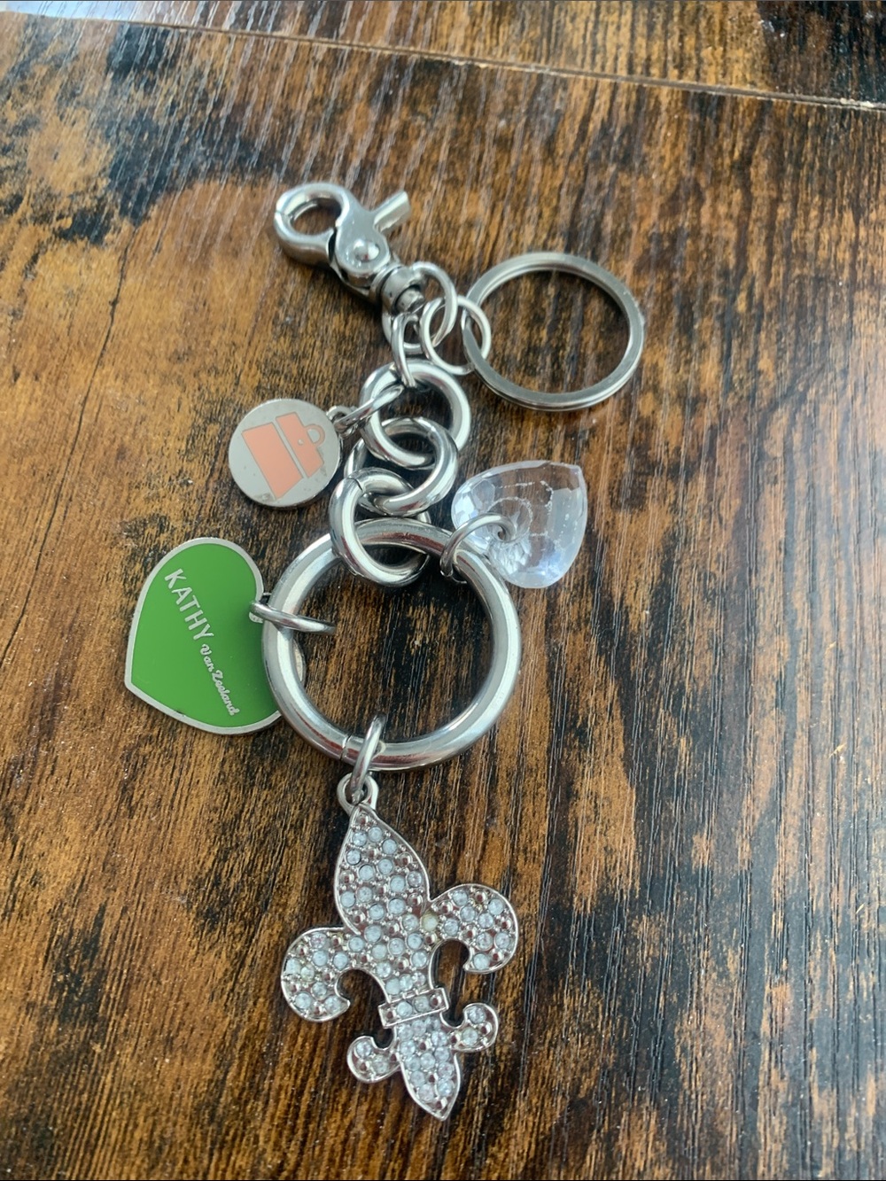 KATHY Van Zeeland Silver Crystal Fleur-de-Lis Keychain with Green Heart Charm